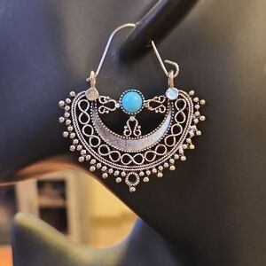 Silver and Blue Crescent Filigree Earrings
